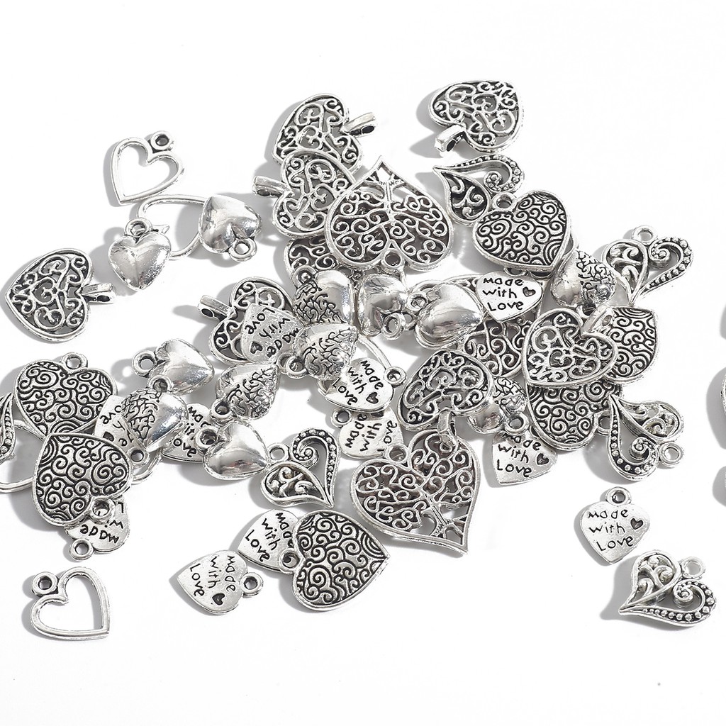 10/20/30/50 PCS Mix Size Alloy Heart Shape Antique Silver color Jewelry Accessories and Components for Making Bracelet Necklace