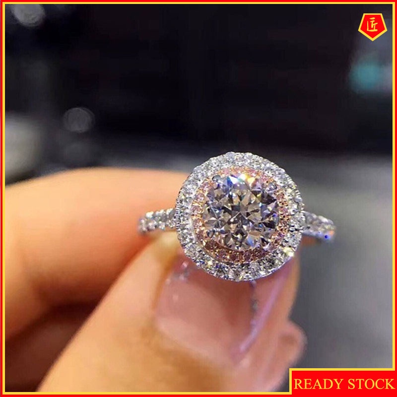 [Ready Stock]Round Gem Ring Pink Diamond Rose Gold Color Separation Luxury Elegant