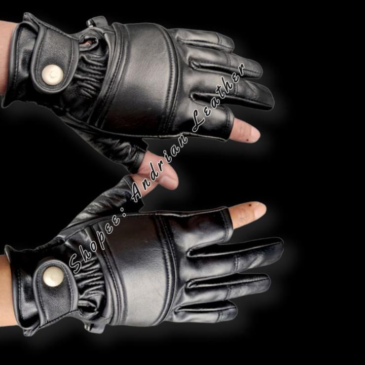 KRJ.211361 ‣ Sarung Tangan Motor Kulit Asli Jari Bolong Gloves Half Finger
