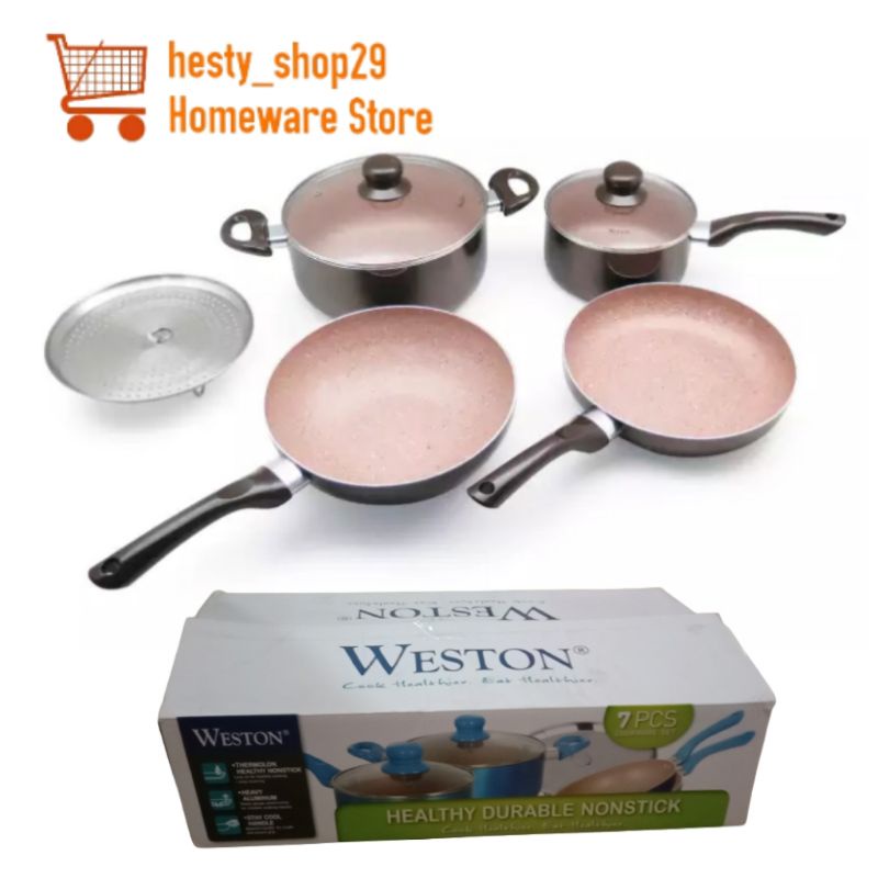 Set Panci Marbel Tutup Kaca Cookware Set 7pcs Healthy Durable Nonstick Weston