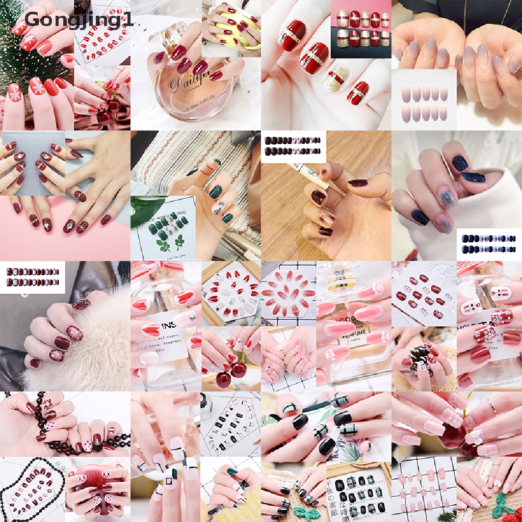 Gongjing1 Stiker Kuku Palsu Full Cover Bahan Akrilik Reusable Untuk Nail Art