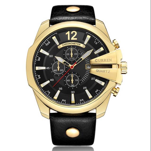Curren Analog Pria Strap Kulit - 8176 - Black Gold