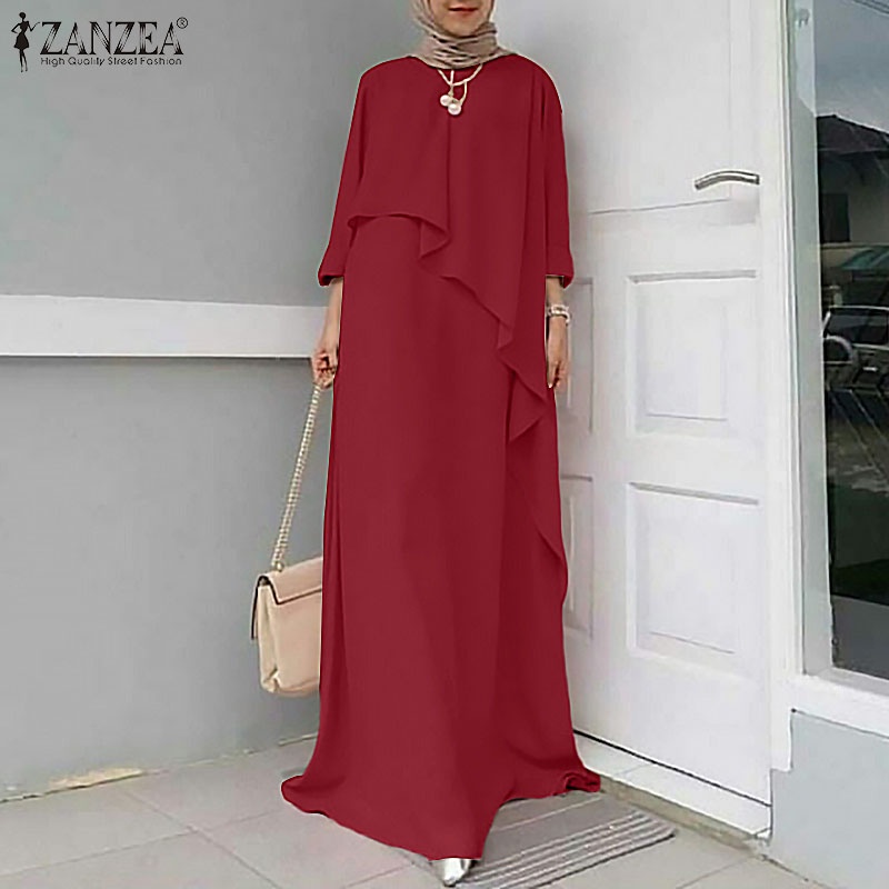 ZANZEA Women Solid Color Full Sleeve O Neck  Elegant Muslim Maxi Dress