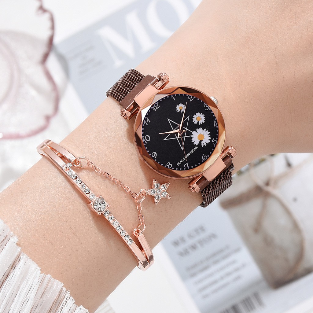 ELBER J174 Jam Tangan Rantai Wanita Jam Analog Motif Bunga Daisy-5