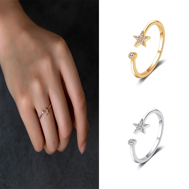 Cincin Model Terbuka Desain Pentagram Aksen Berlian Untuk Wanita