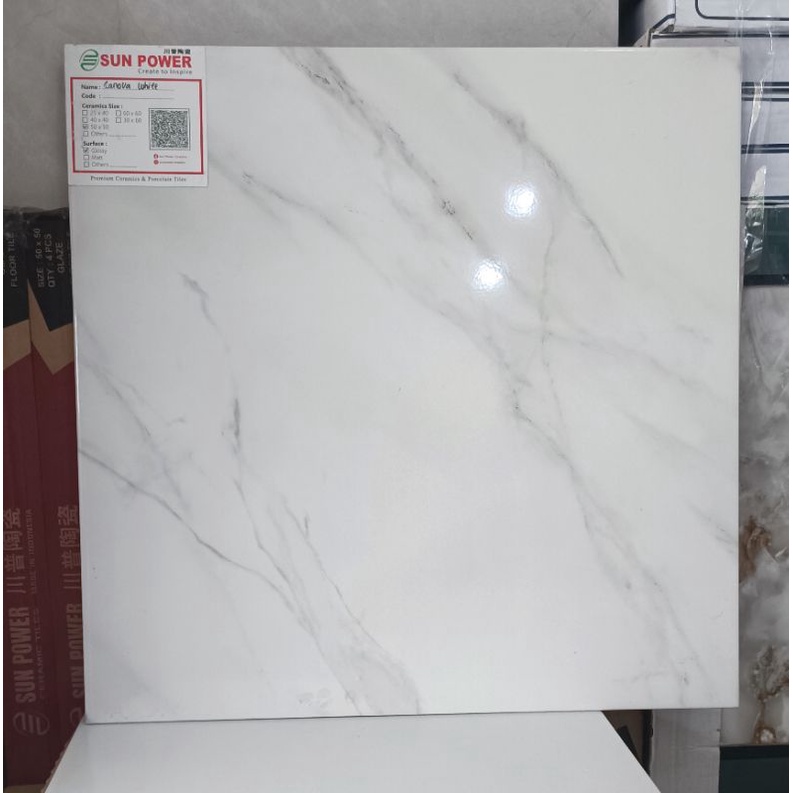 Keramik Lantai Ruangan 50x50 Motif Marmer Corak Random Glossy Canova White