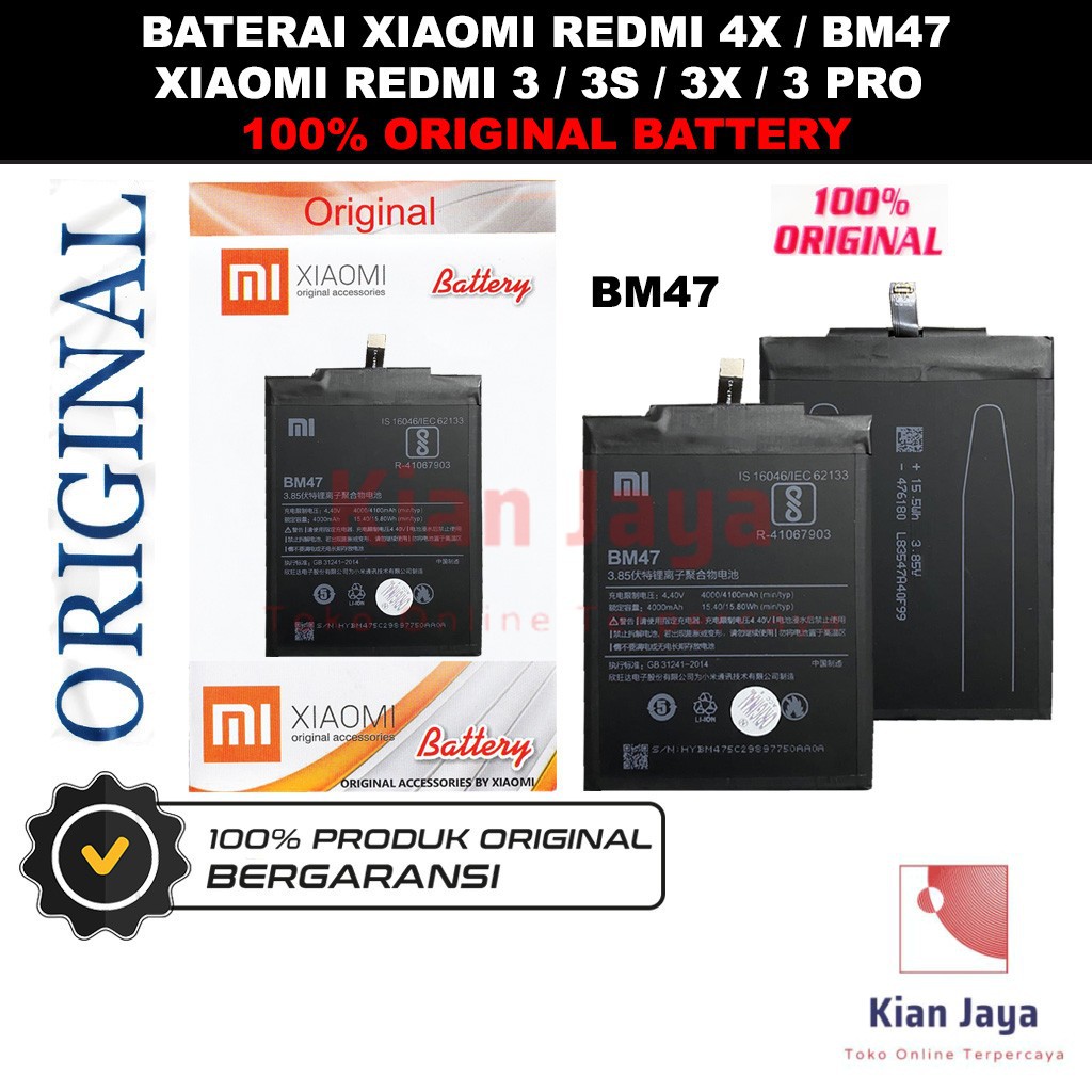 [Garansi 100% Ori] Baterai Untuk Handphone Xiaomi Redmi 4X, Redmi 3X, Redmi 3S, Redmi 3 Pro BM47 Batre Batrai Battery Hp BM 47 Original