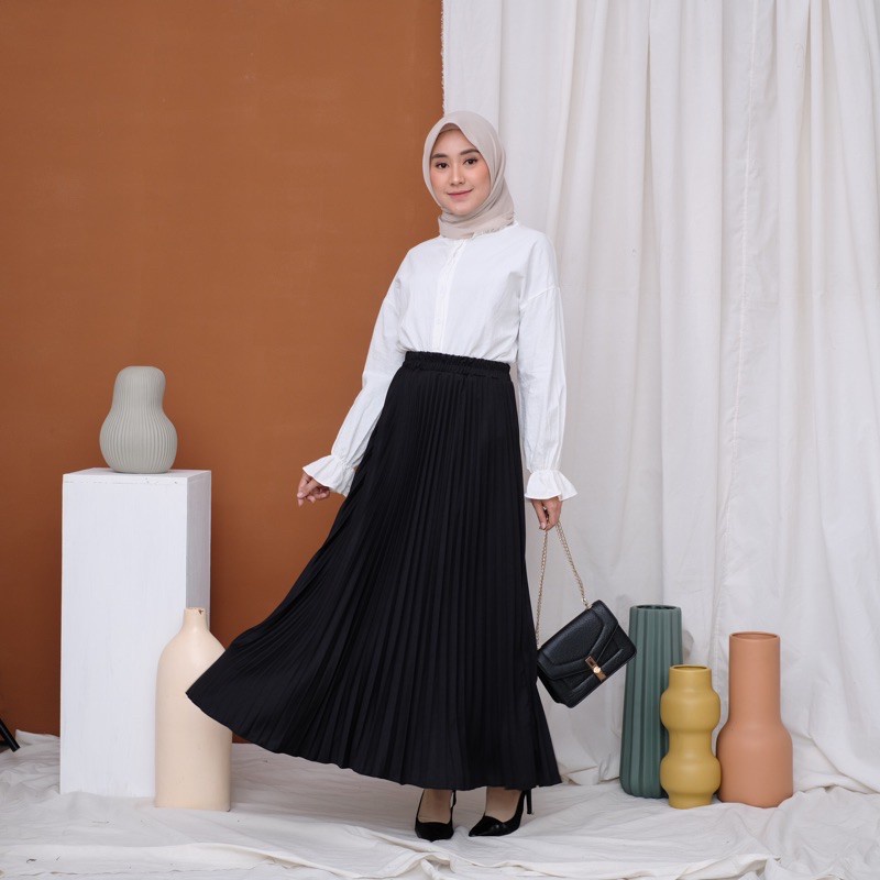 Celana Kulot Rayon Crincle Crinkle Airflow Panjang Wanita Premium Highwaist Loose Cullote Pants Homewear Jumbo Terbaru Kekinian-ROK PLISKET HITAM