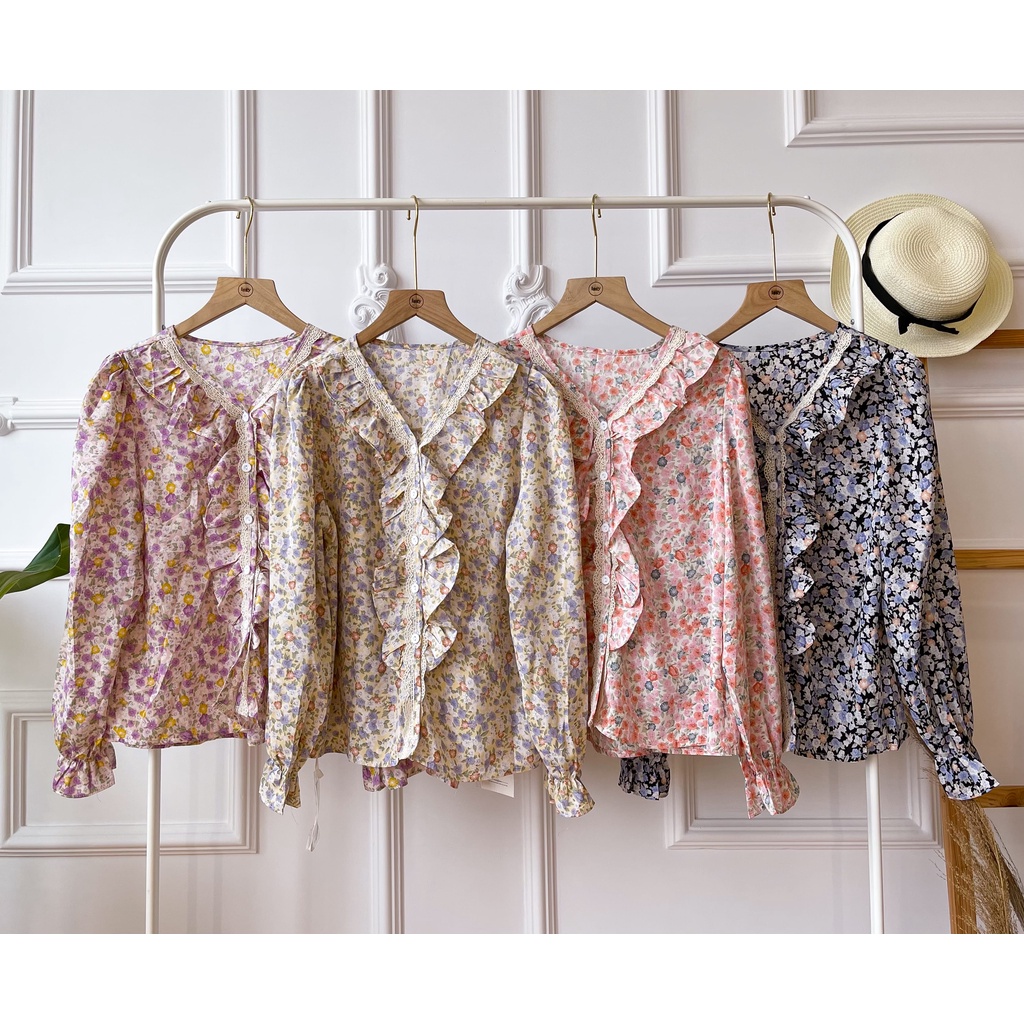 Vinda Ruffle V Neck Floral Blouse / Atasan Kaos Wanita Import Motif Bunga Rempel 15C