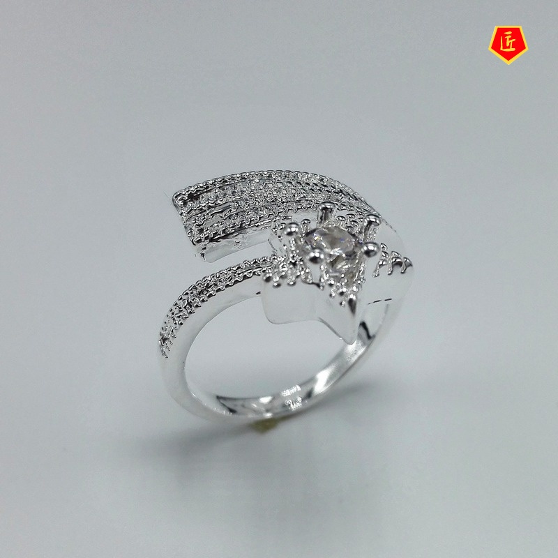 [Ready Stock]Silver Fashion Luxury Five-Pointed Star Diamond-Studded Ring