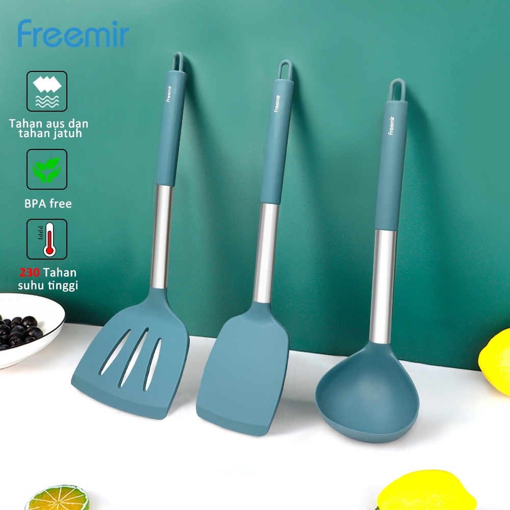 freemir Spatula Silikon Sendok Sutil Anti Lengket Slotted Scrapper Sodet Silicone Stainless Tahan Panas Teflon Anti Lecet Biru