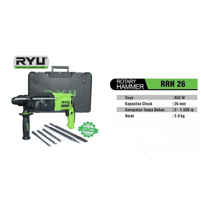Mesin Bor Beton / Mesin Betel Beton / Ryu Rotary Hammer Drill RRH26 Mesin Bor Bobok Sds Plus RRH 26