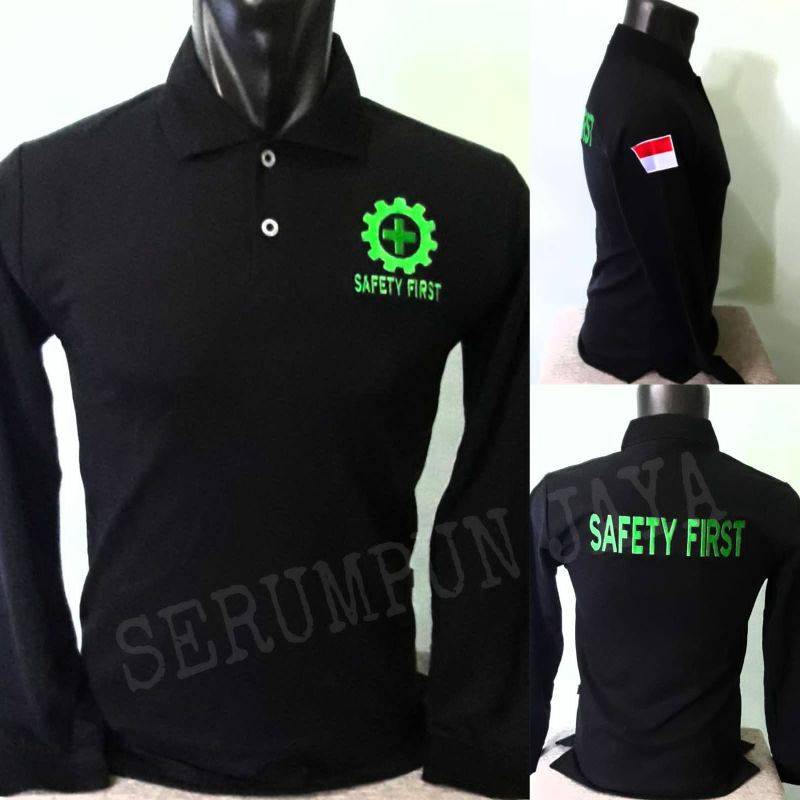 KAOS SAFETY FIRST HITAM PANJANG - KAOS KERAH SAFETY FIRST LENGAN PANJANG FULL BORDIR