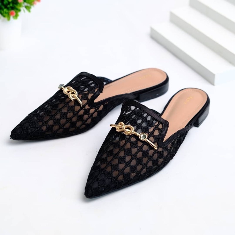 SEPATU WANITA PDR PS014 GOLD KNOT DETAILED MESH MULES PREMIUM IMPORT