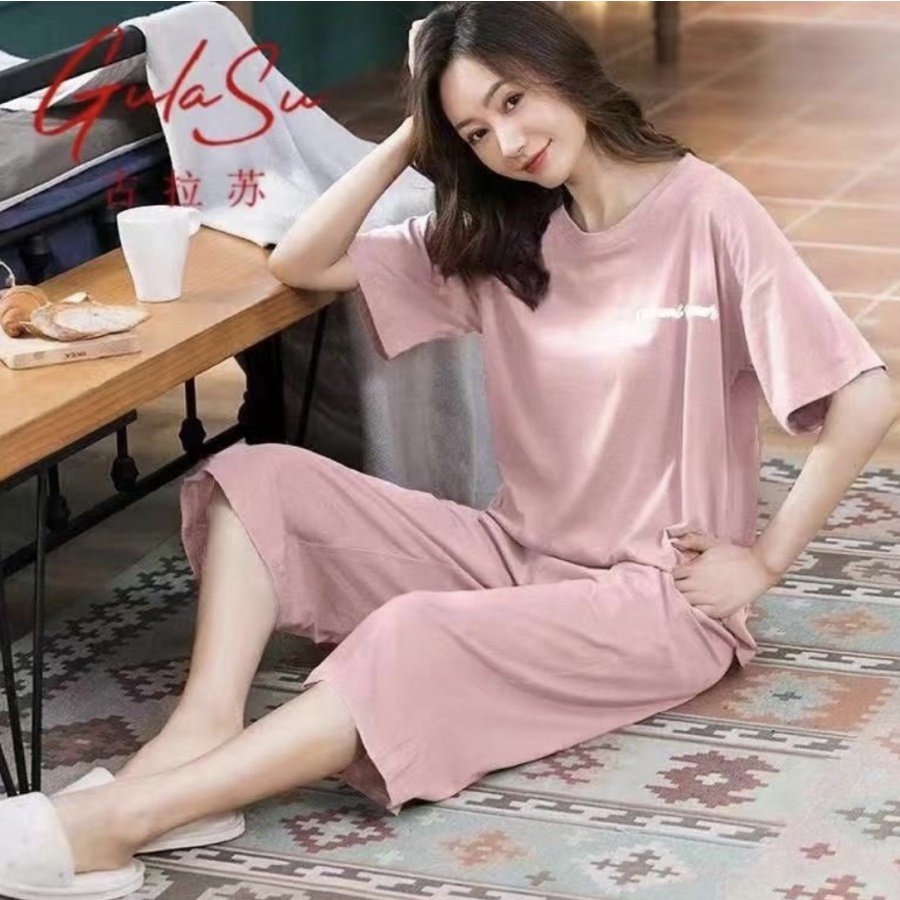 BAJU TIDUR WANITA KAOS KATUN IMPORT POLOS SETELAN CELANA 7/8 SELUTUT