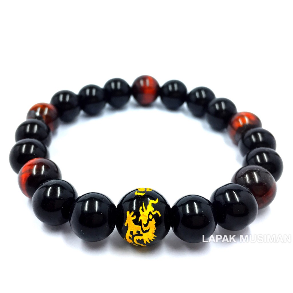 [Bayar di Tempat] Gelang Batu Giok Hitam Ukir Naga Tiger Eye