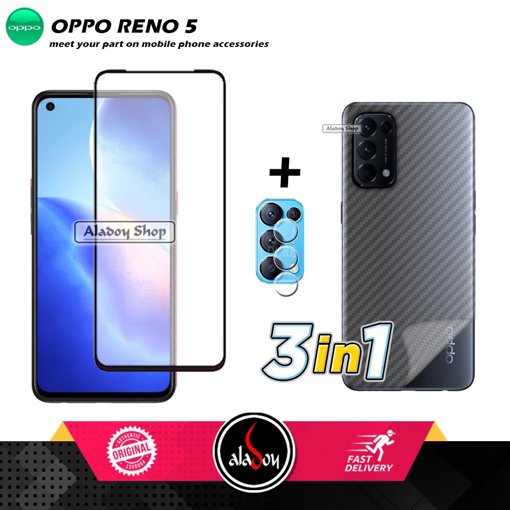 PAKET 3 IN 1 Tempered Glass Layar Oppo Reno 5 Free Tempered Glass Camera dan Skin Carbon