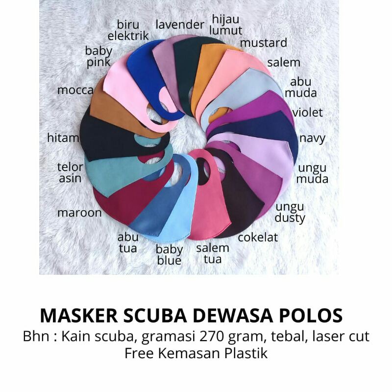 Masker Kain Scuba Dewasa Warna Warni Polos Casual Halus Tebal Grosir Murah Gramasi 270 gram Laser Cu