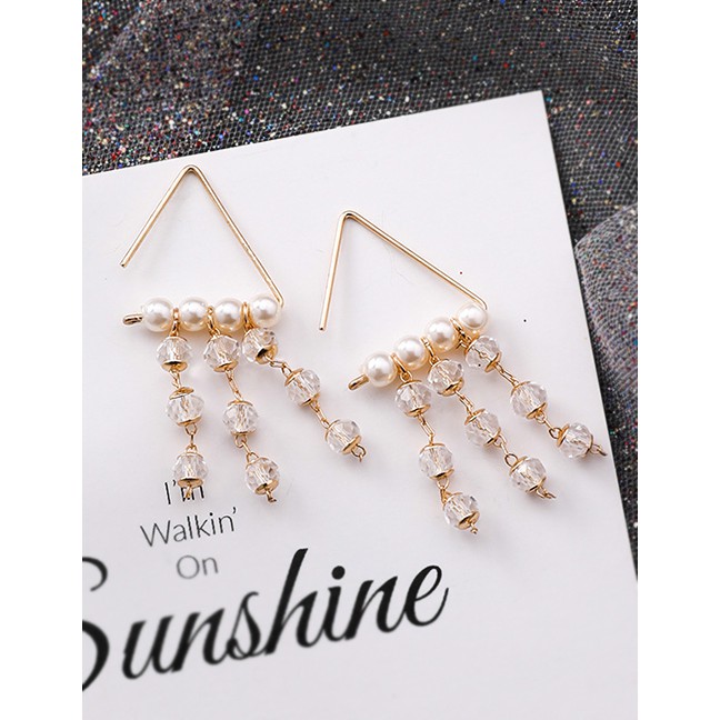 LRC Anting Tusuk Fashion Gold Triangle Pearl Crystal Beaded Tassel Stud Earrings F54365