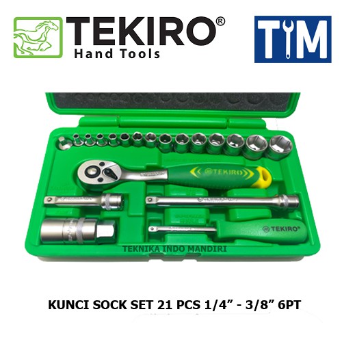 TEKIRO Kunci Sock Set 21 PCS 1/4&quot; - 3/8&quot; 6PT Box Plastik / Kunci Sok Set