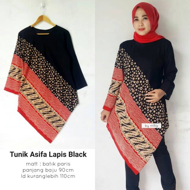 Tunik Asifa Lapis Black / Tunik Batik Wanita Kombinasi Polos Modern