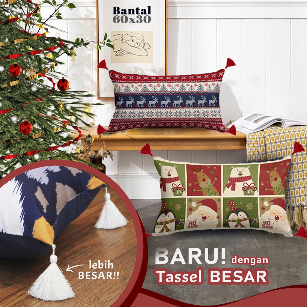 BANTAL SOFA PRINT 60X30 CM DENGAN TASSEL GANTUNG MOTIF NATAL CHRISTMAS SANTA CLAUS HOLIDAY SEASON