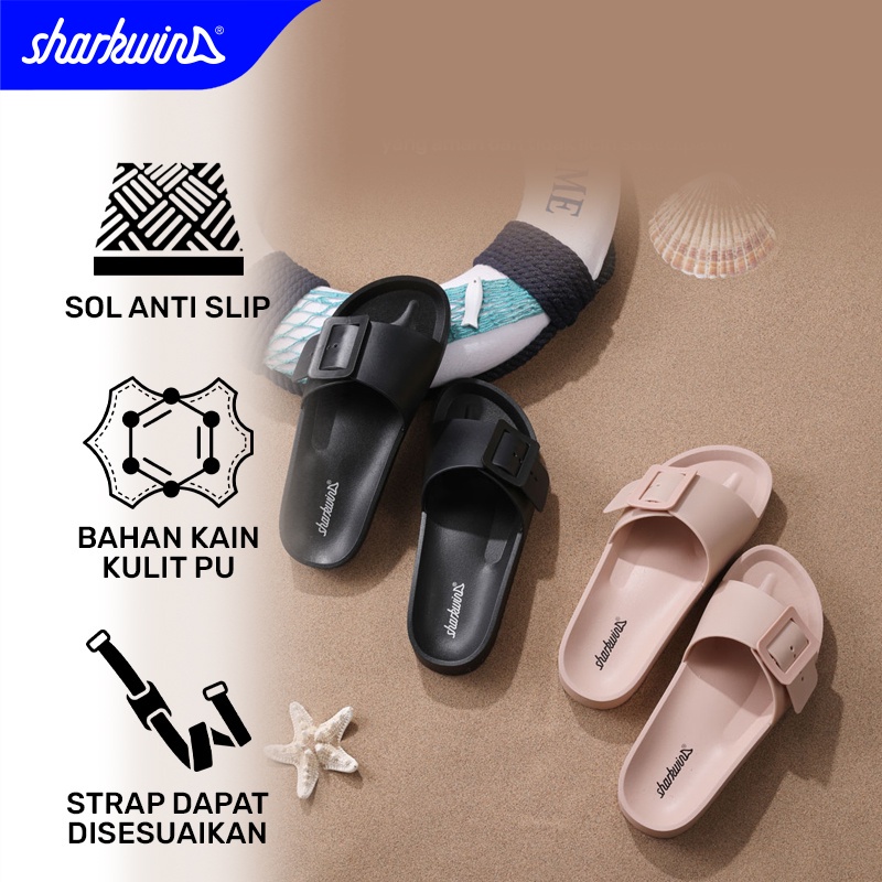 SHARKWIN WSP010 Sandal Wanita Murah PU Kasual Strap Slippers Wedges Wanita