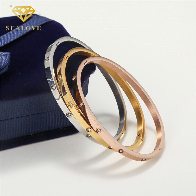 Gelang Tangan Titanium Wanita Berlian Premium Lapis Emas 18K Bulat Anti Karat Bangle Korea Perhiasan