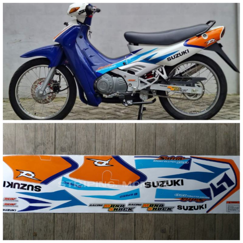 Lis Striping Sticker Satria Lumba 120 R Tahun 2001 Biru Putih Tulisan Suzuki Hitam