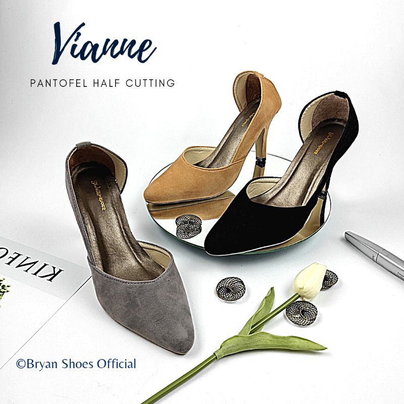 Bryan Vianne Suede Pantofel Heels 5cm 9cm Half Cutting Formal Kantor Polos Bigsize Oversize Jumbo 36-43