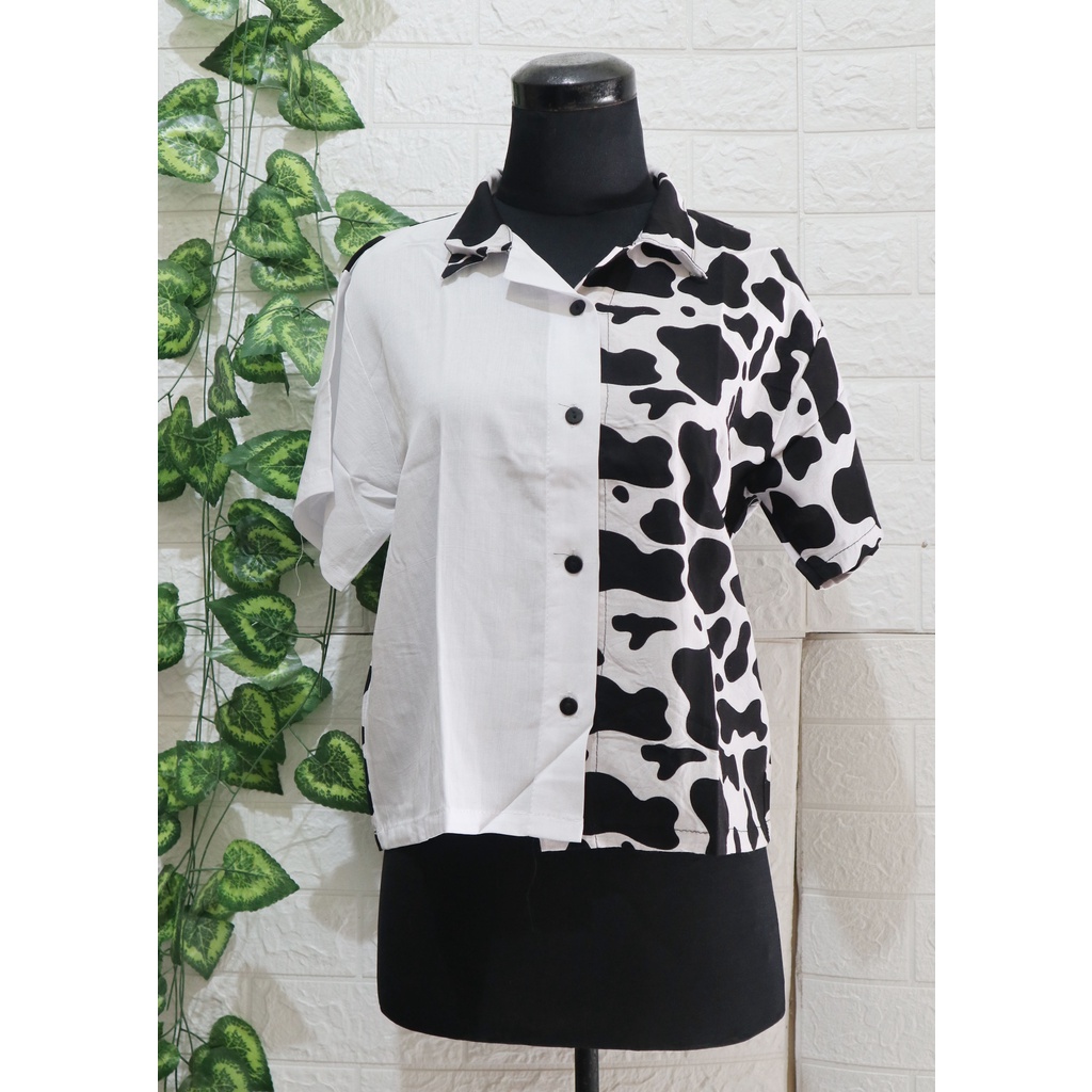 Baju Kemeja Wanita Two Tone Animal Kekinian / Kemeja dua warna / Top Wanita / Atasan Wanita-Sapi Putih
