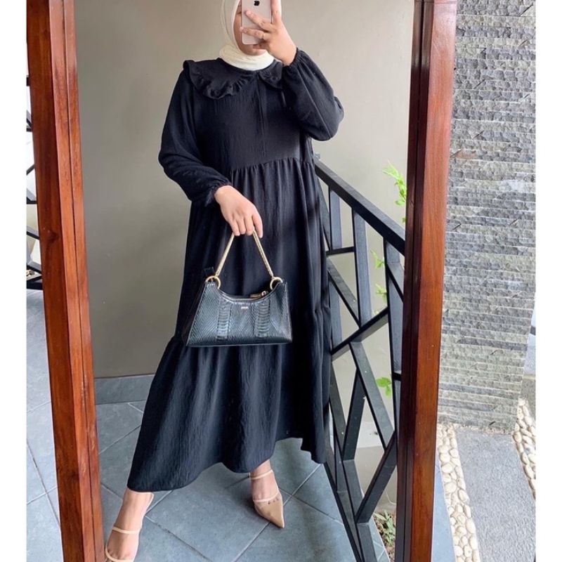 (COD) Marita Midi Crinkle Airflow / Dres Crinkle Hitam Polos