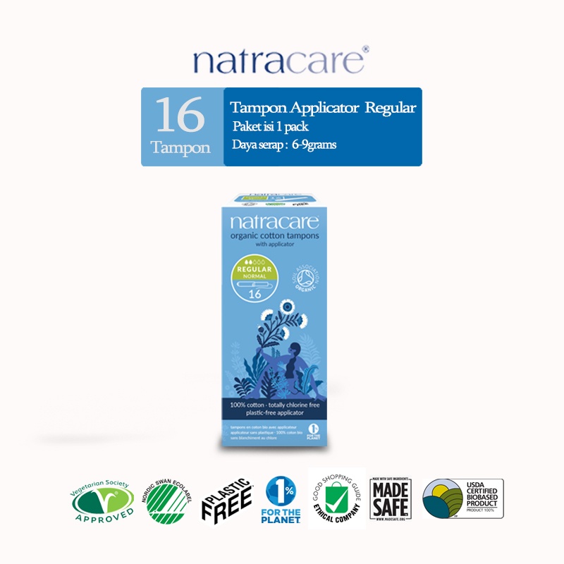 NATRACARE Organic Cotton Regular Tampons with Applicator 16s | Tampon Organik | Tampon Bebas Bahan K