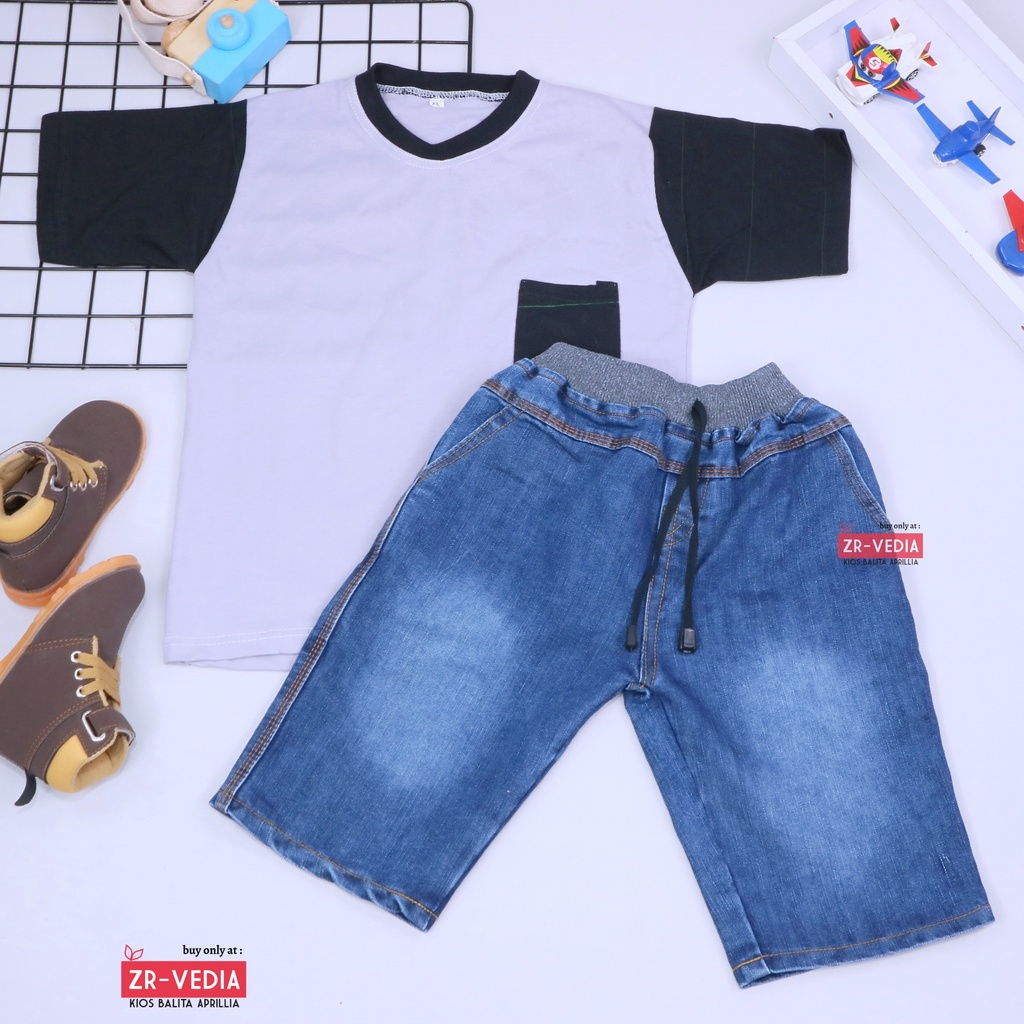 Setelan John Ethes uk 1-6 Tahun / Set Lengan Pendek Anak Laki-Laki Celana Jeans Kantong Baju Oblong