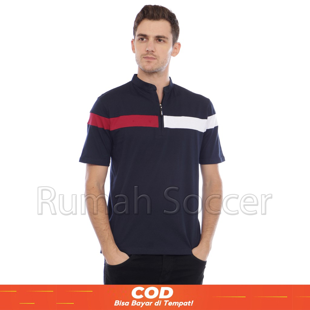 Omega - Polo Shirt Pria Kerah Shanghai Resleting Putih Polos Kombinasi Original Distro Bandung