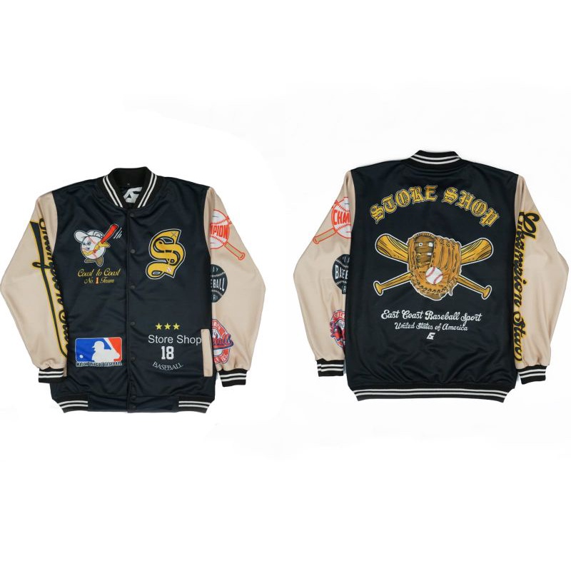 Varsity Jacket Jaket Racing M&M Premium Pria Wanita-Store shop cream