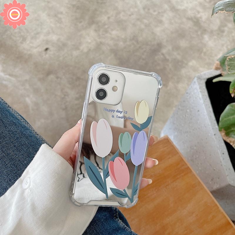 Soft Case Tpu Motif Bunga Tulip Dengan Cermin Untuk IPhone 12 13 11 Pro Max 7 8 11 7Plus 8Plus X XS Max XR SE 2020