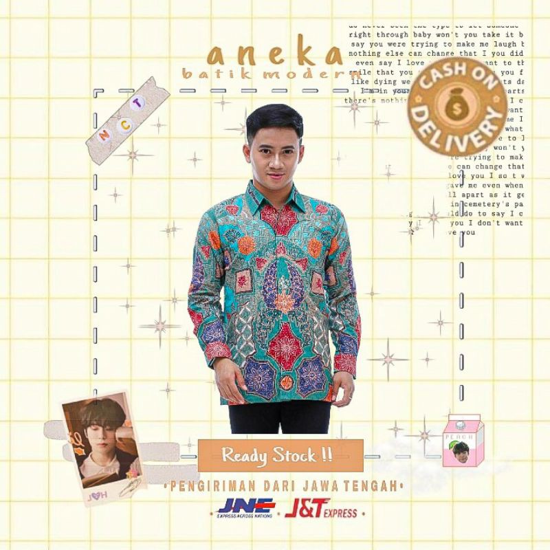 KEMEJA HEM ATASAN BATIK PRIA LENGAN PANJANG BERFURING FURING WARNA HIJAU MUDA HIJAU TOSCA KONDANGAN