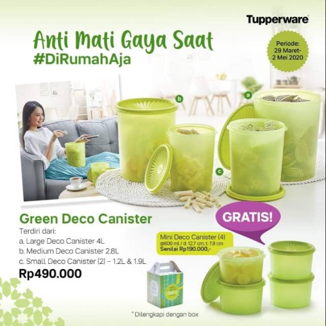 Green deco canister Toples Tupperware 8 pcs