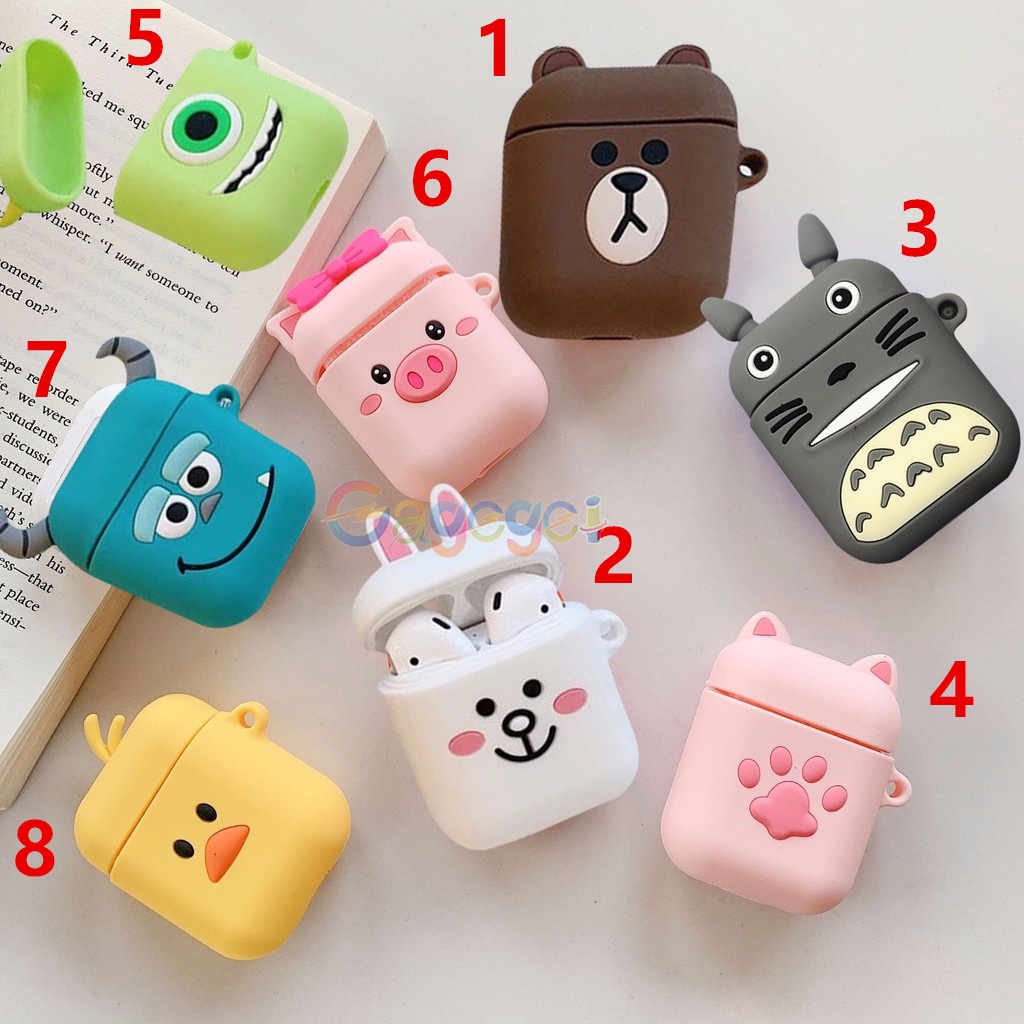 Case Pelindung Bahan Silikon Motif Kartun Dengan Pengait Untuk Airpods 1 / 2 i12