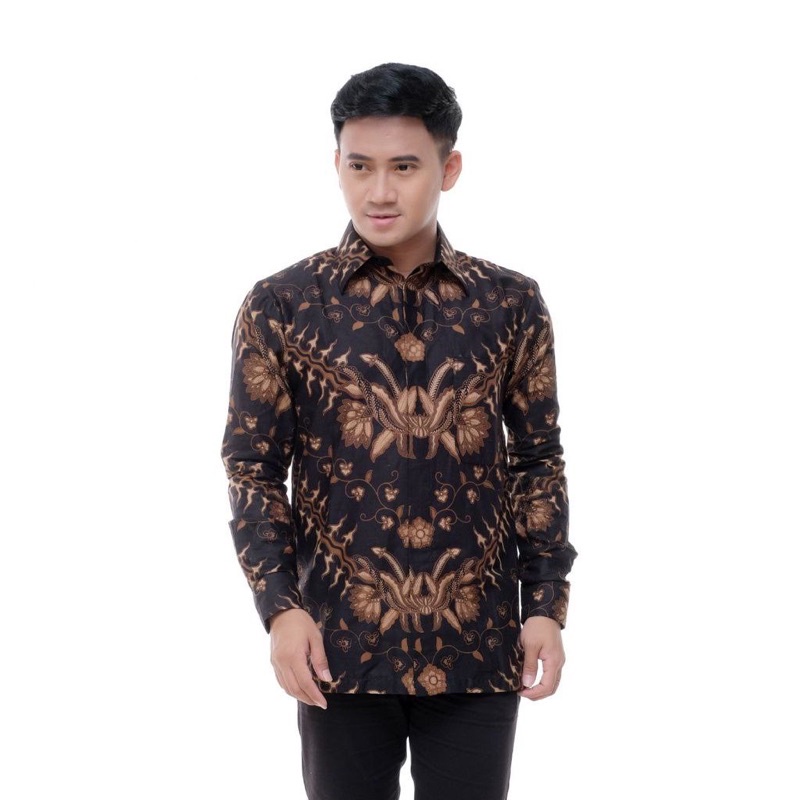 Batik Pria Lengan Panjang BATIK AZMIL HRB026 motif KERATONAN Kode 002 size M L XL XXL Reguler-Keris hitam