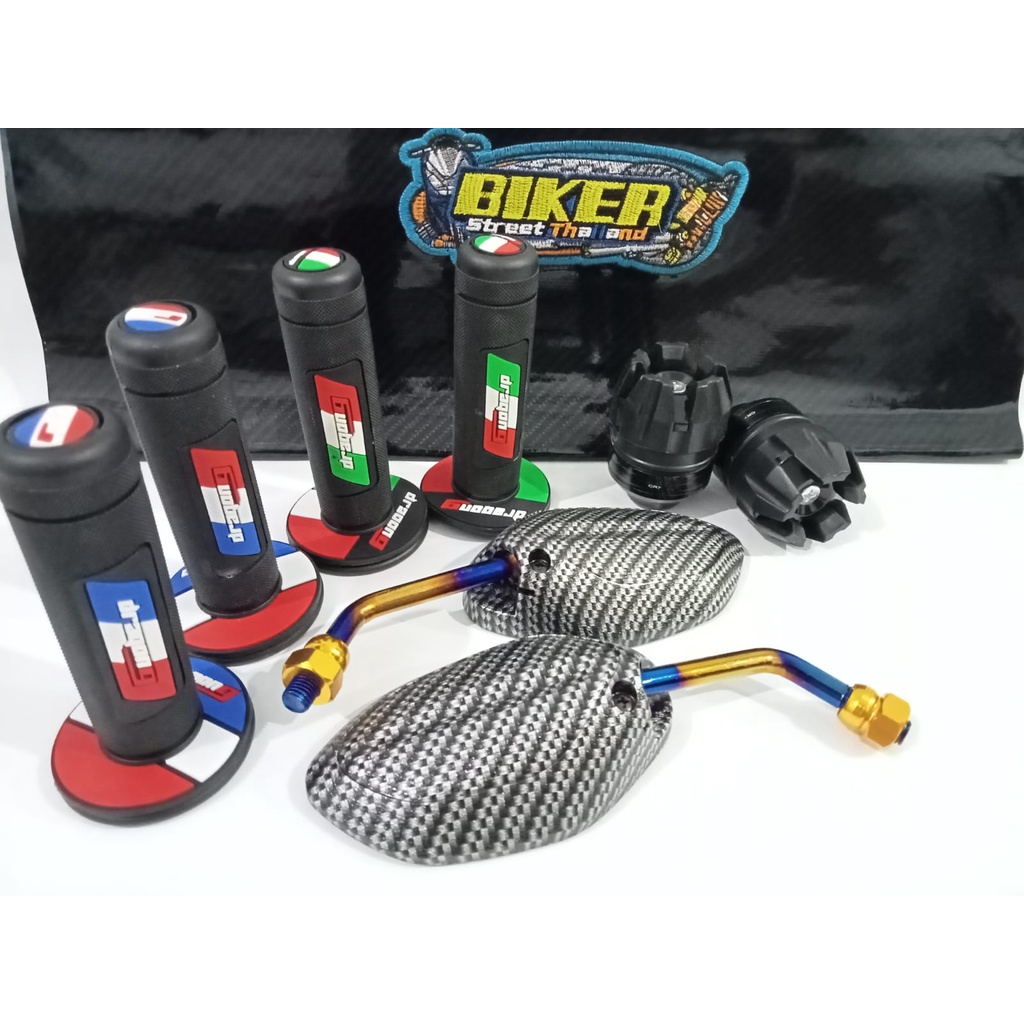 Paket hemat 4 item Kulit jok karbon hitam+grip dragon nine+spion mini karbon twotone+as roda hitam_Universal Honda/Yamaha