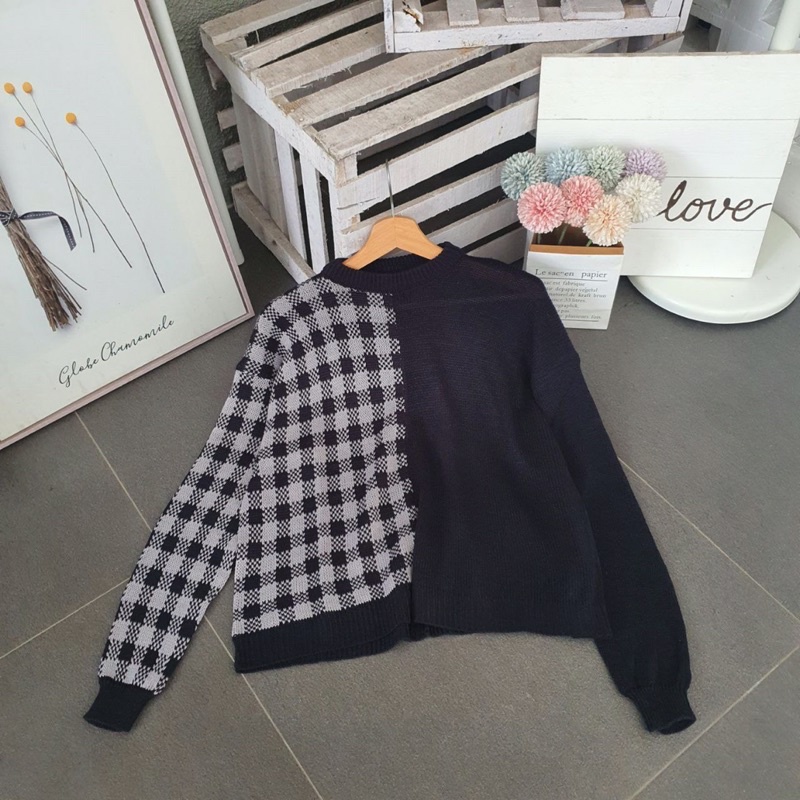 BISA COD Sweater rajut Wanita SQUARE MIX Sweater Motif Kotak-Kotak