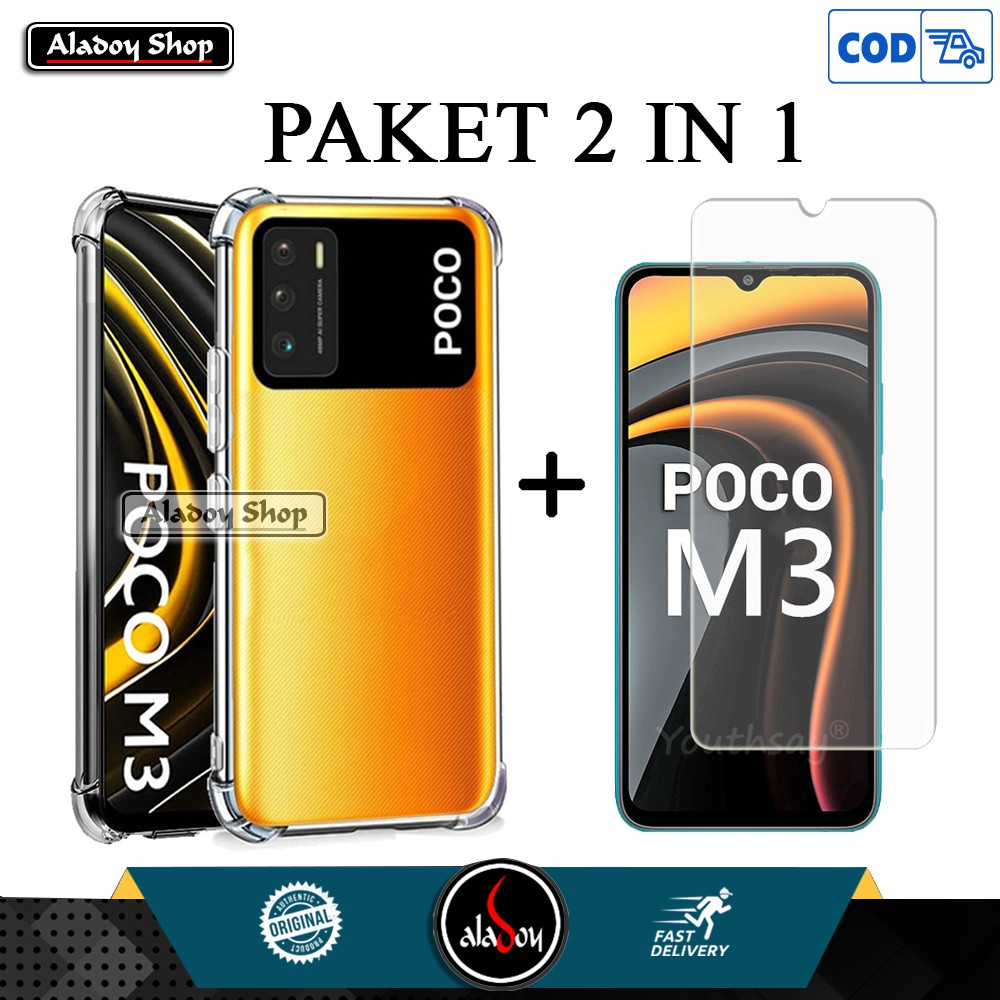 Case XIAOMI POCO M3 Ultratin Slim Premium Casing Transparent + Tempered Glass Anti Gores Layar Kaca