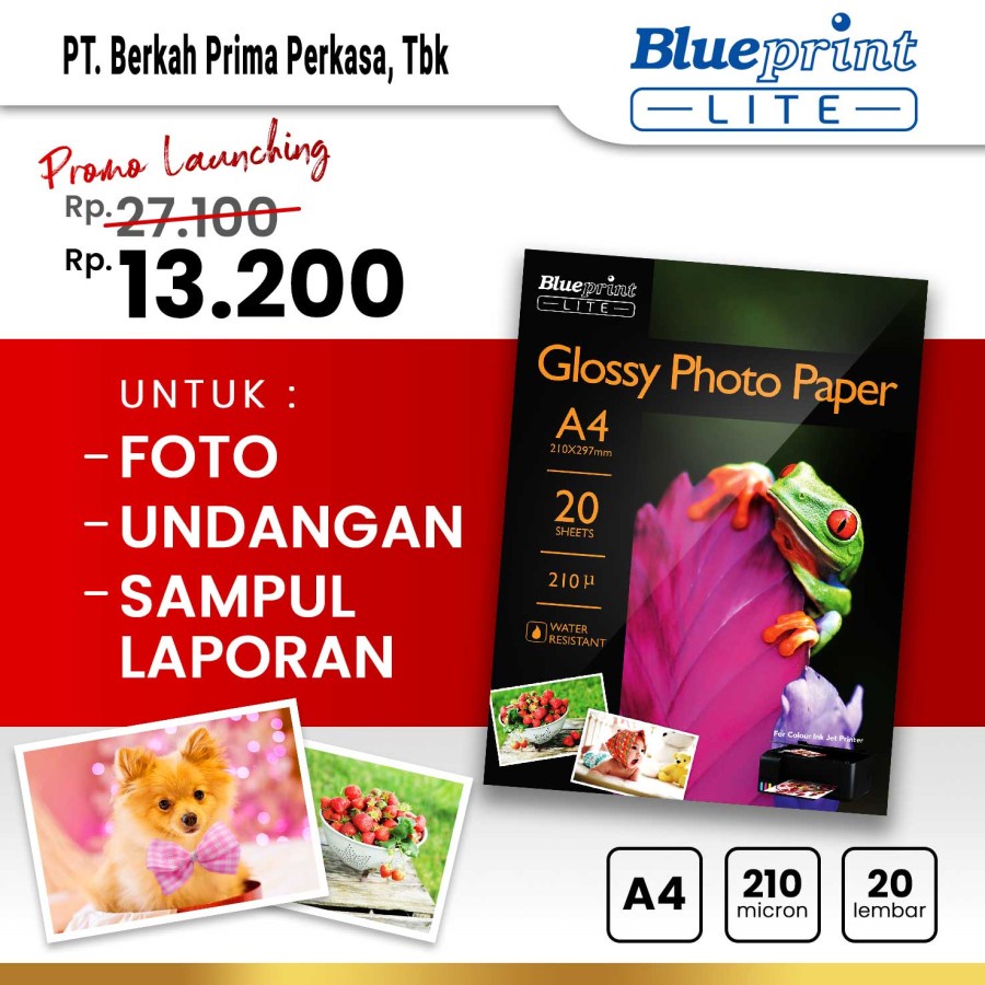 Jual Kertas Foto Glossy Photo Paper Poto BLUEPRINT Lite A4 - 10R 210 ...