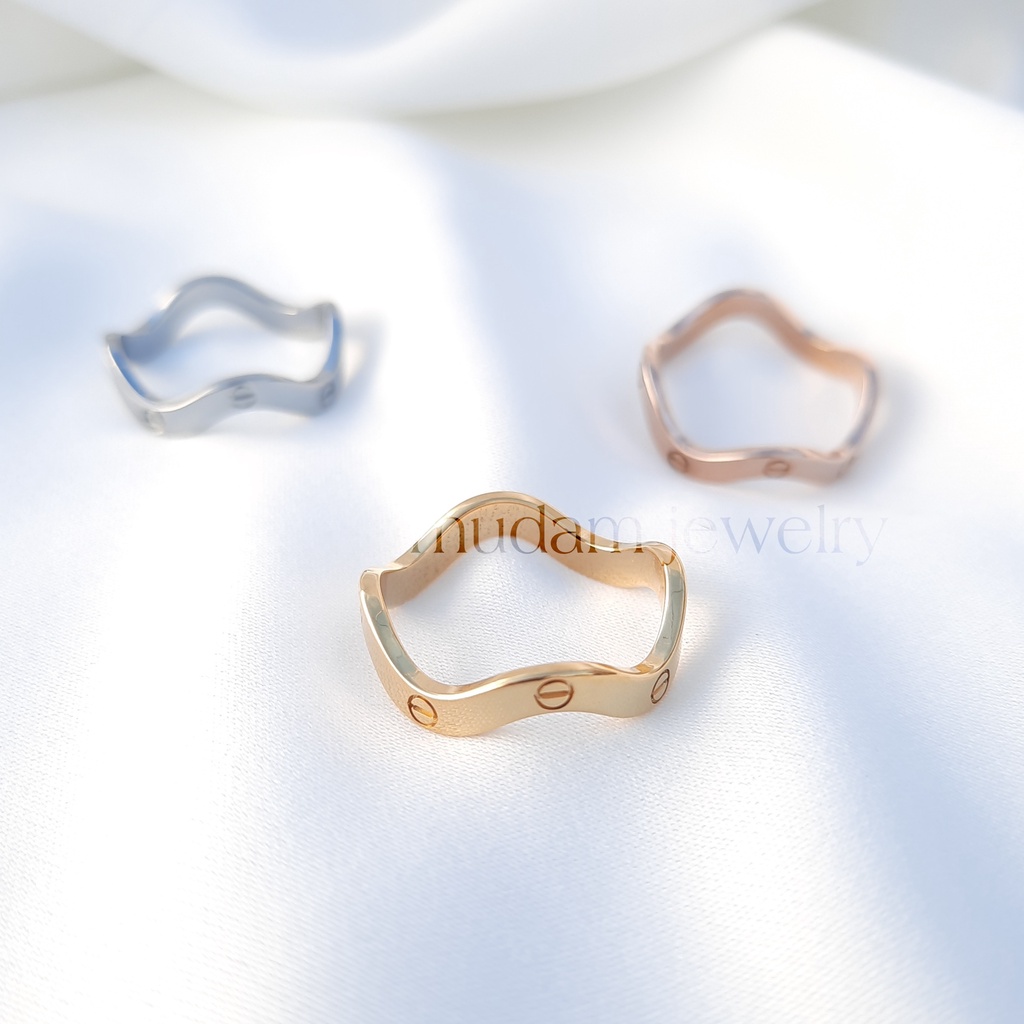 Cincin Titanium Unisex Model Gelombang Tersedia Warna Rosegold, Gold dan Silver