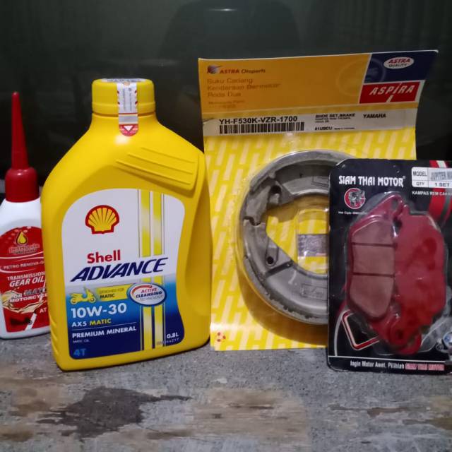 Paket kampas rem depan belakang + Shell ax5 matic 800ml+ gardan petroasia 120ml for Mio smile/Mio j