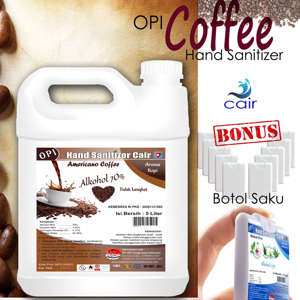 hand sanitizer 1 liter dan5 litter cair bonus bottle saku(card bottle)varian coffee dan lainnya sudah ada izin edar resmi by Oke sabun suplayer