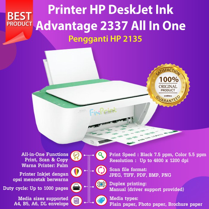 Printer HP Deskjet 2335 2336 2337 All in One Multifungsi Print Scan Copy Pengganti 2135 With Cartridge HP 682 Print Photo Foto Hitam Warna Black Color Optional WiFi Wireless