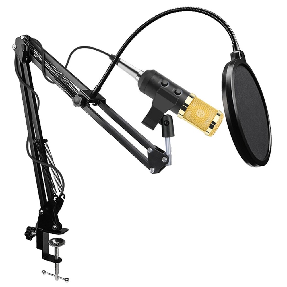 Paket Smule Bm 900 Professional Condenser Microphone Built-in Sound Card with Scissor Arm Stand NB-35 &amp; Pop Filter - Black